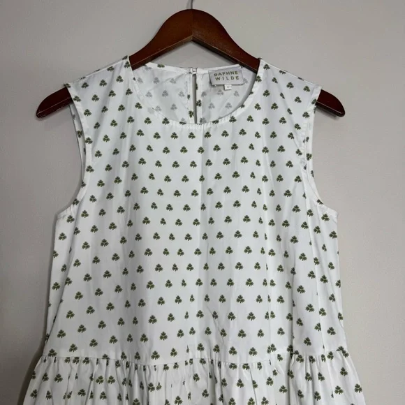 Daphne Wild White Clover Print Sleeveless Cotton Midi Dress Cottagecore Size 1 - Picture 2 of 9